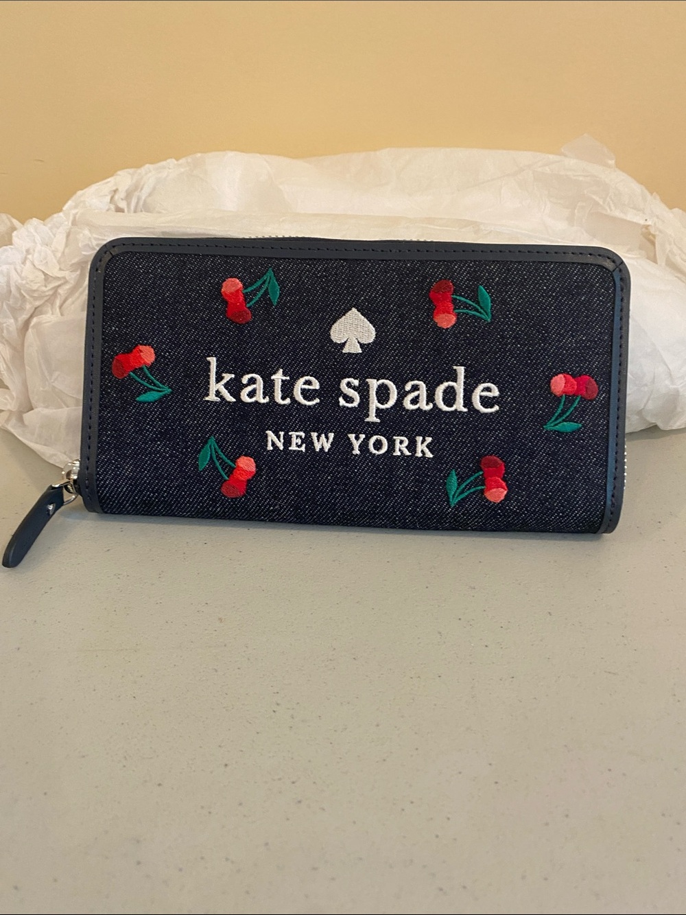 kate spade Navy Cherry Embroidered Zip Wallet